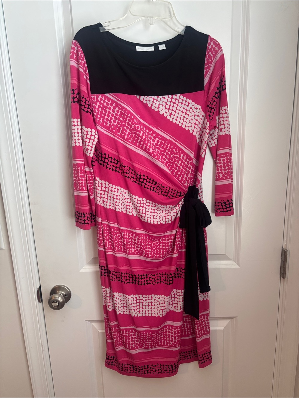 New York & Company Pink Patterned Knot-Waist Dress with Black Yoke